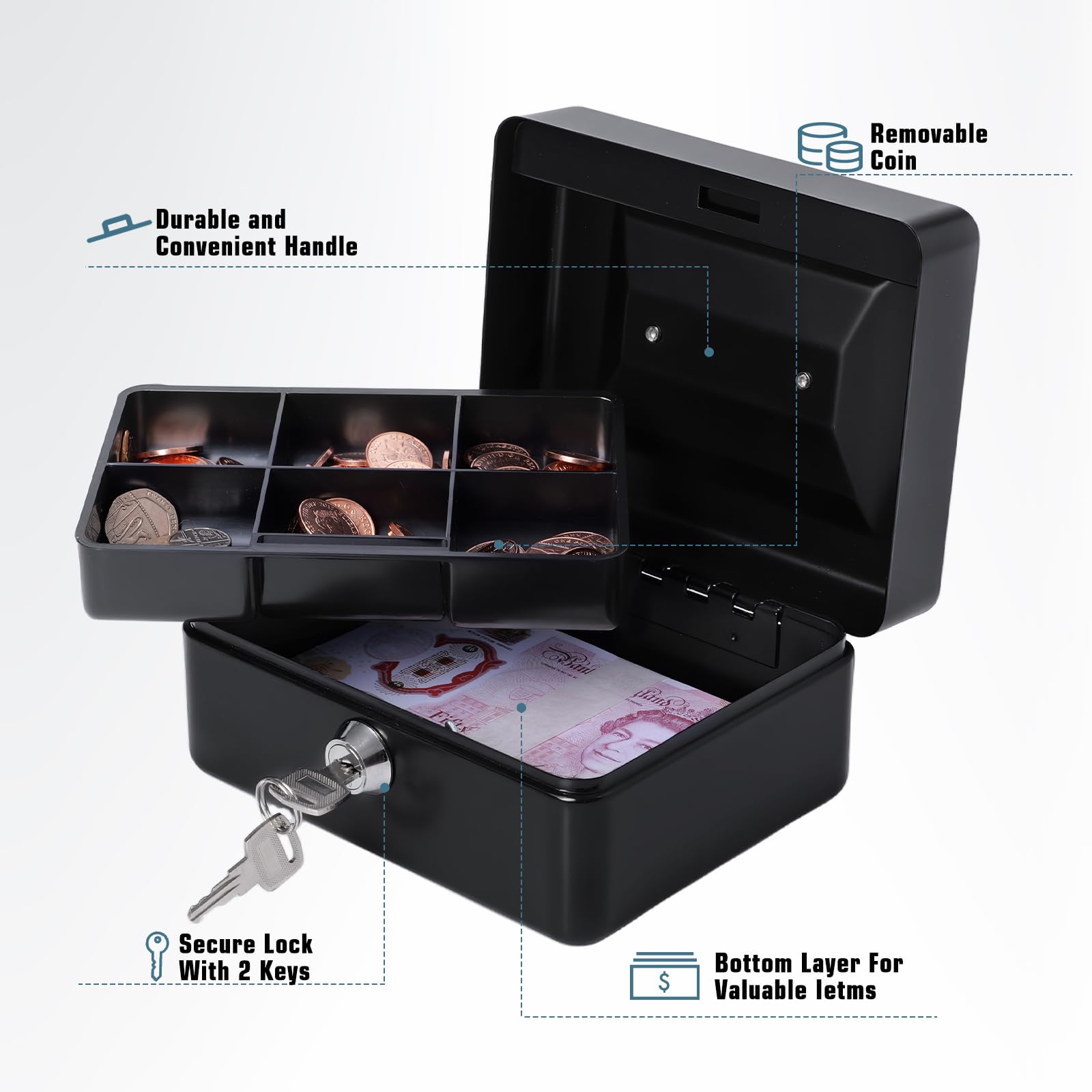 Money Tin Box with Key, Portable Cash Box with Coin Tray, Small Cash Tin for Home Office and Events (Black-small) - Image 4