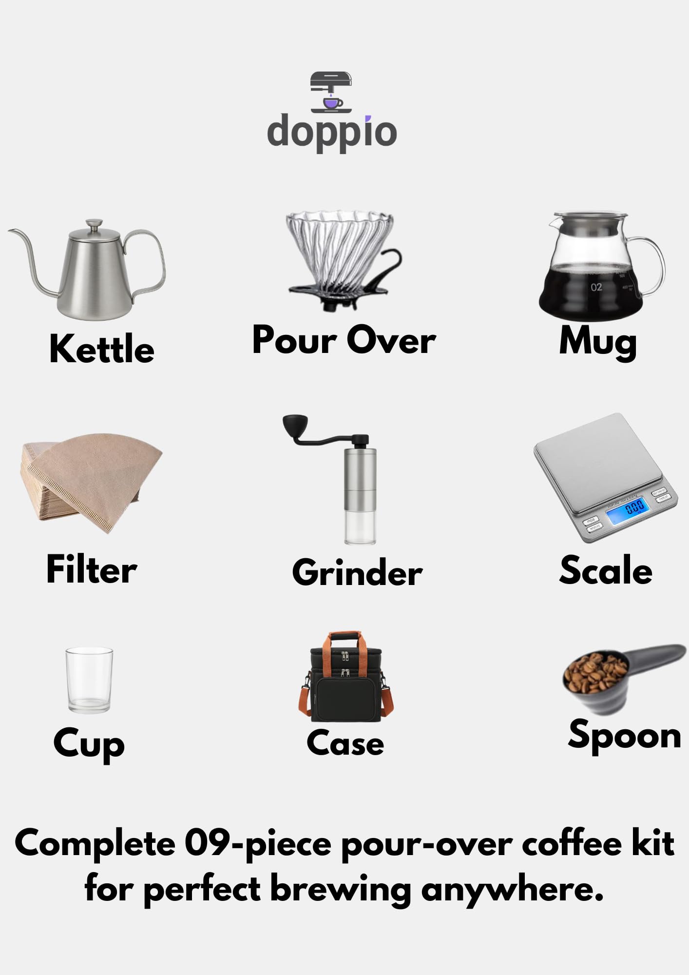 DOPPIO V60 Coffee Maker Dripper Set, 12-Pcs Pour Over Coffee Maker Brewing Set with 600ml Glass, Gooseneck Kettle, V60 Glass, Dripper & Carry Case,Gift-Grey (Premium Kit) for Home,Office & travelling 1