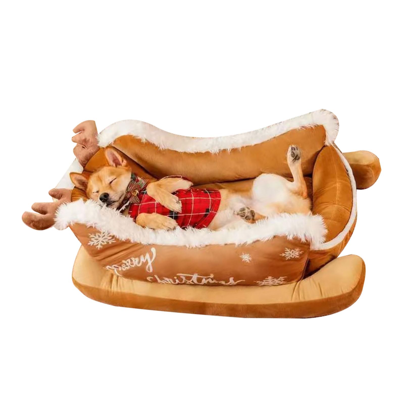 Letto per cani a slitta natalizia con copertura in pelo, morbido nido spesso per cani a pelo lungo, divano per cani da slitta di Natale con copertura in pelo, morbido divano per cani a pelo