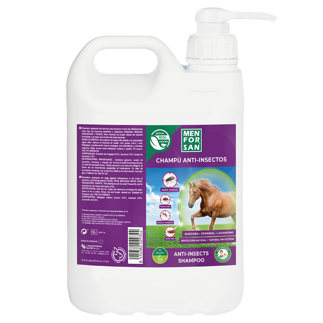 MENFORSAN Shampooing Anti-Puces pour Chevaux 5L, avec Margosa, Geraniol et Lavandin, Protège Contre Tous Les Insectes