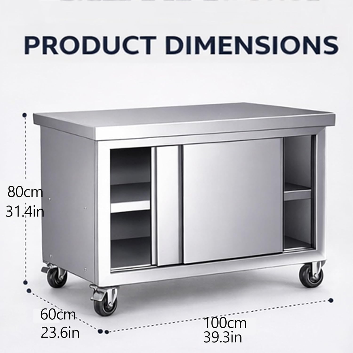 Stainless Steel Table with Wheels, Heavy Duty Commercial Work & Prep Table with Storage, Kitchen Cabinet Work Benches for Garage Restaurant Bar and Hotel(39.3x23.6x31.4in)