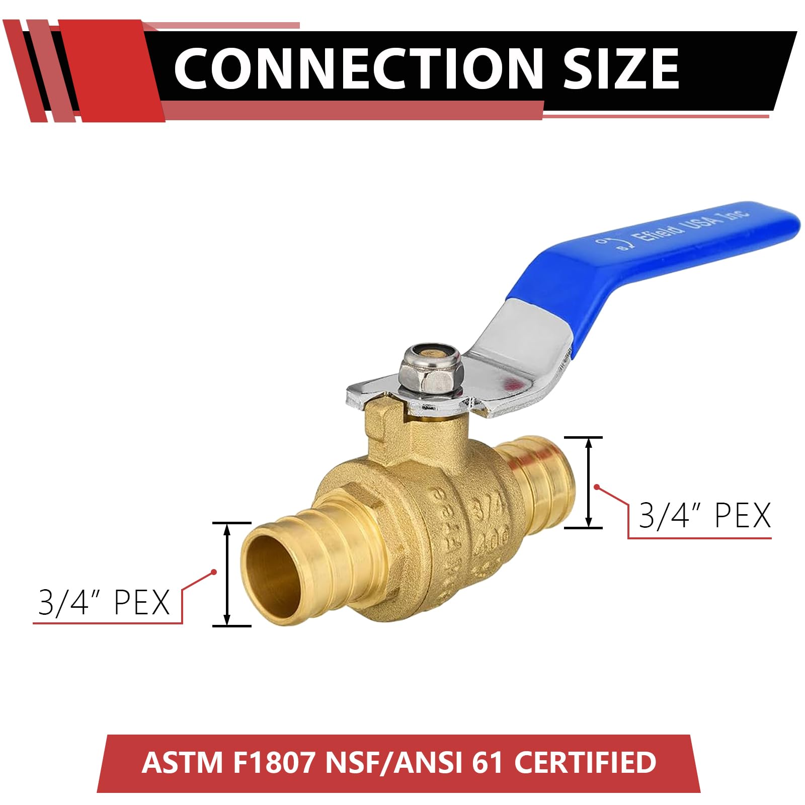 EFIELD - Confezione da 10 valvole a sfera a crimpare PEX, in ottone a piena porta, per applicazioni idrauliche, colore blu