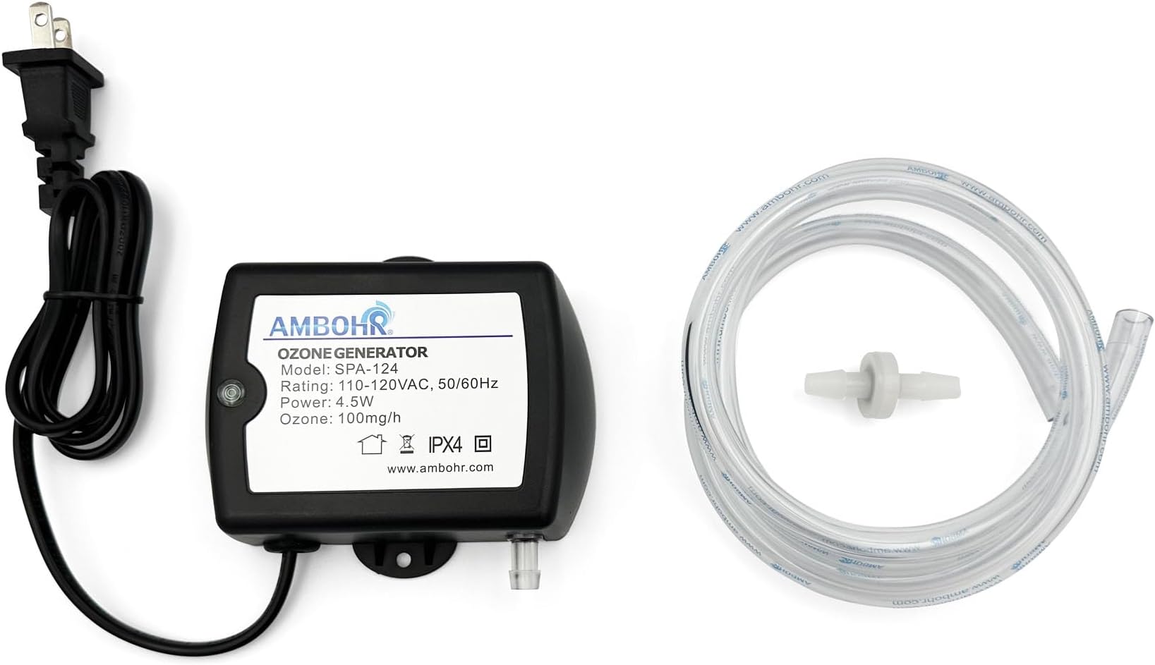 Cold Plunge Ozone Generator Ambohr SPA-124, 100mg/h Efficient Output Ozone Machine, Ozone Generator with Check Valve & PVC Hose for Cold Plunge, Ice Bath and Hot Tub