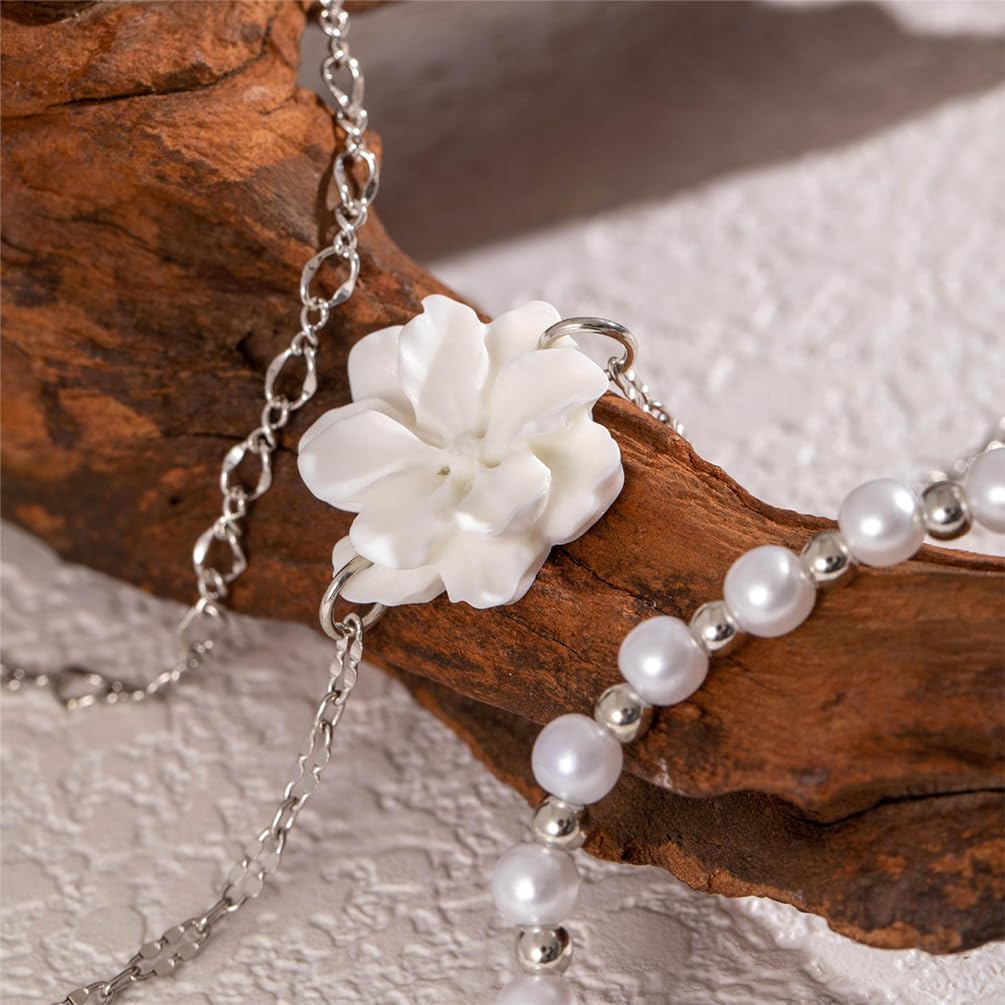 5Pcs Boho White Flower Beaded Pearl Bracelets for Women Trendy, Cute Gold Silver Stackable Floral Petal Pearls Beads Chain Bracelet Holiday Jewelry Gifts - Image 5