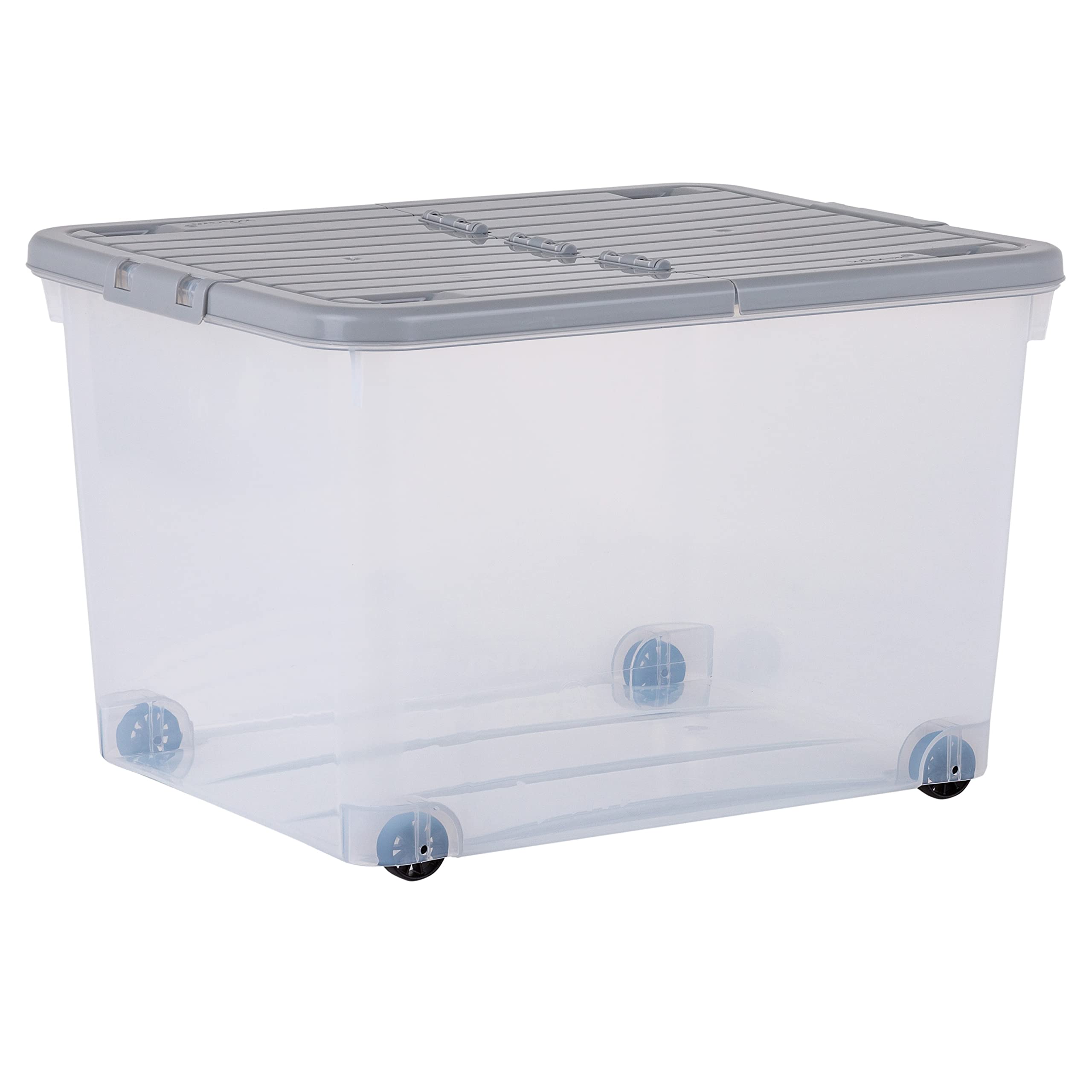 Wham Wheel 5 x 44L Plastic Storage Boxes with Folding Lid & Wheels | Ideal for Home, Office, Toys & More | Large Boxes | Made in UK - Clear/Cool Grey — image 1