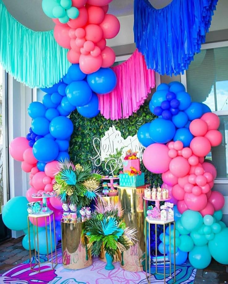 Image of Pink and Blue Balloons, 60PCS Dark Light Blue Purple Party Balloons, 12 Inch Pastel Confetti Pastel Pink Metallic Silver Balloon Helium for Kids Baby Shower Gender Reveal Birthday Party Decorations