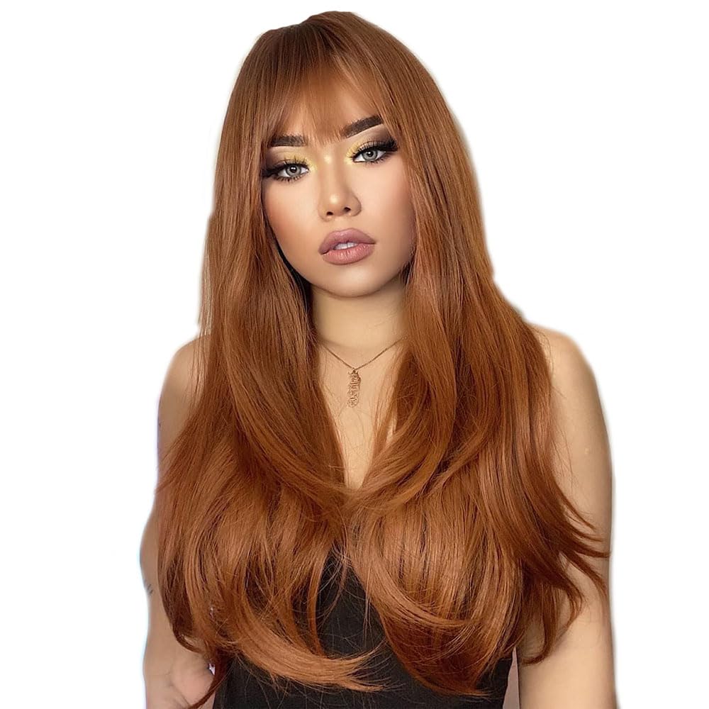 22 inch Ginger Brown Wigs with Bangs, Ombre Brown Copper Brown Synthetic Hair Full Wig, Natural Straight Wigs for Women, Realistic Looking Glueless Wig