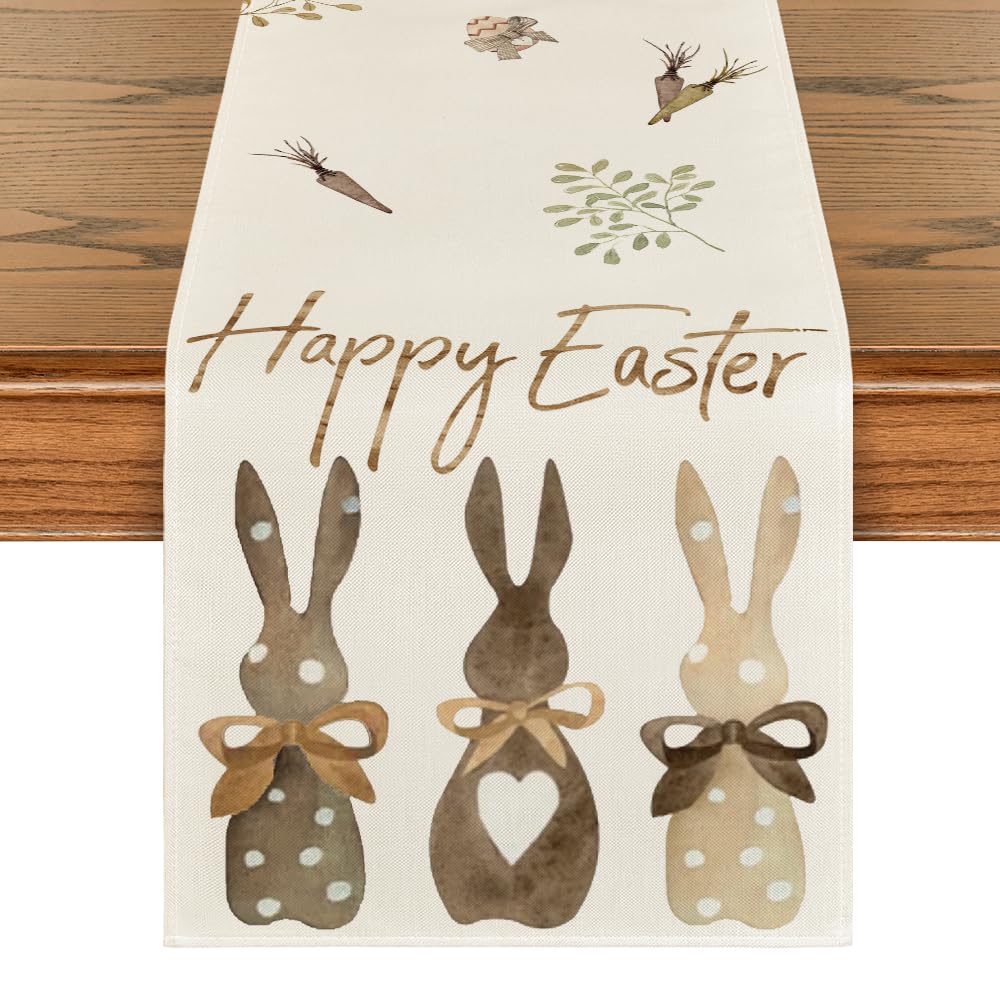 Photo 1 of Artoid Mode Carrots Rabbit Bunny Happy Easter Table Runner, Spring Summer Seasonal Holiday Kitchen Dining Table Decoration for Indoor Outdoor Home Party Decor 13 x 72 Inch 13" x 72", Table Runner Beige
