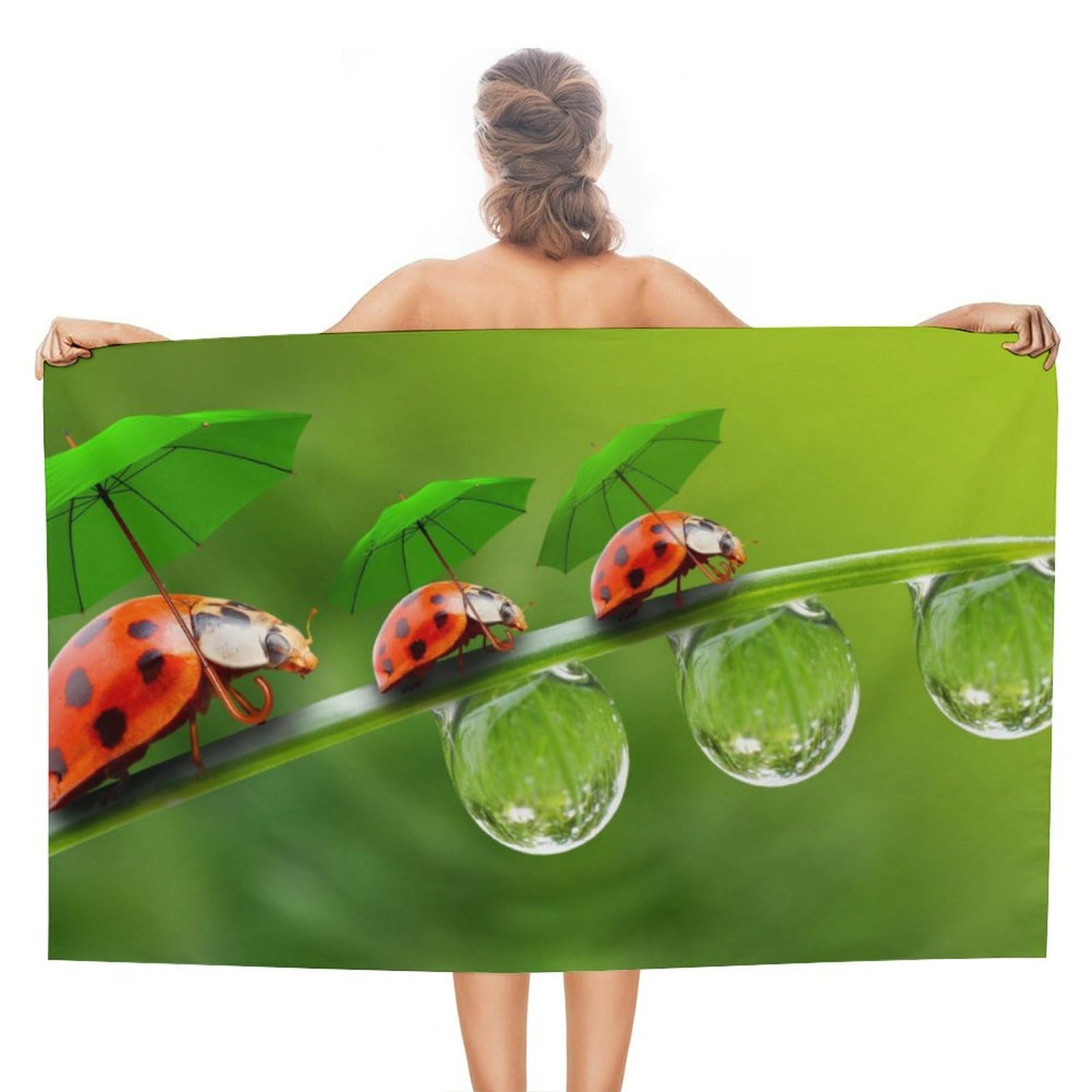 LEDFCVSU Beach Towel, Ladybug Ladybird Green Landscape Bath Towel, Absorbent Towel for Swimming, Sports, Travel