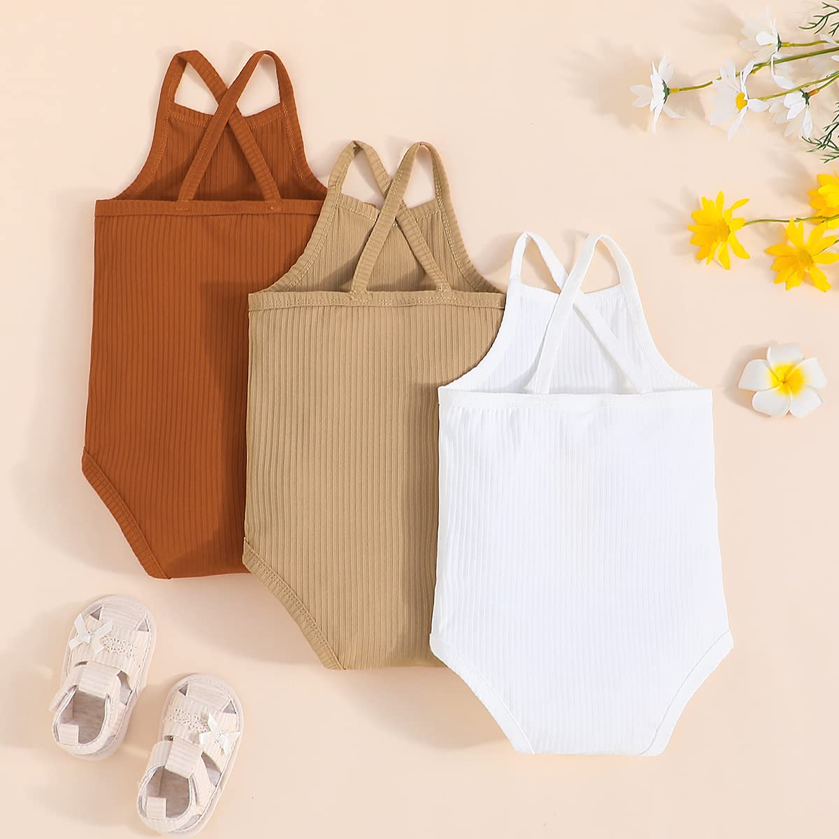 Baby Girl Romper Bodysuit Ribbed Solid One-Piece Overall Jumpsuit Sleeveless Adjustable Strap Summer Playsuit Clothes (3 Pack-Brown Khaki White, 9-12 Months)