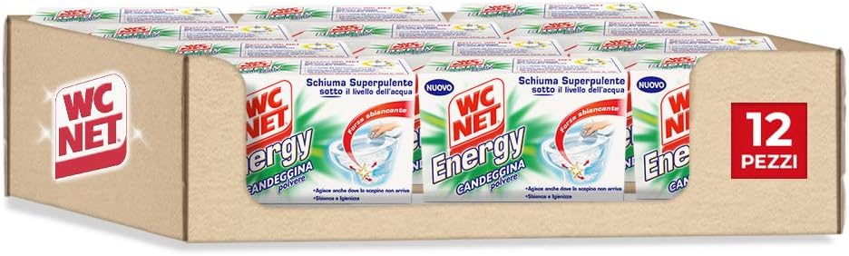 Wc Net - Energy con Candeggina, Detergente Igienizzante in Polvere per WC, Schiuma Autopulente con Azione Sbiancante, 4 Buste x 12 Confezioni