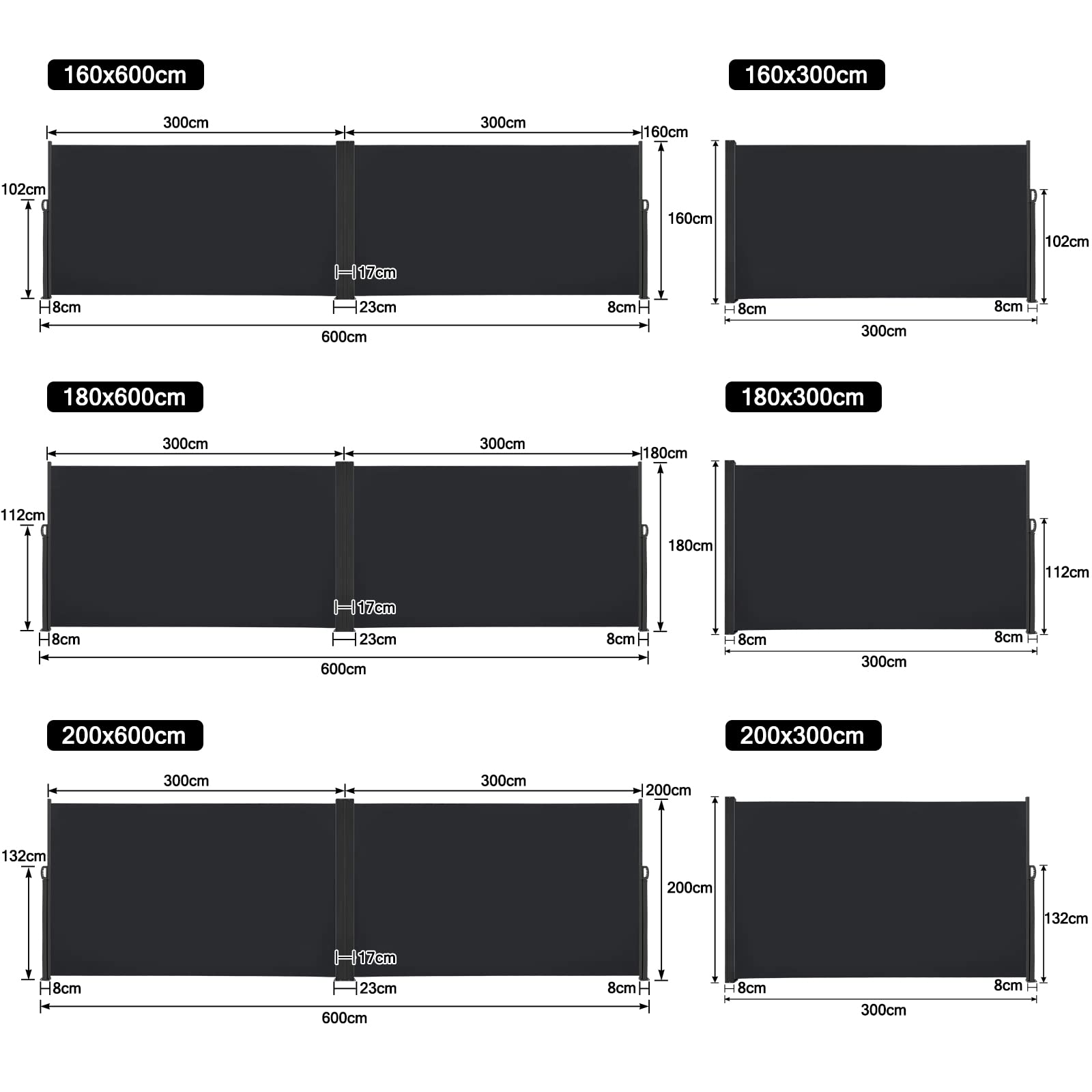 Froadp 180x600cm Toldos de Exterior para Patio Carpas Mampara de Poliéster Resistente Biombos Lateral Retráctil para Balcón y Terrazas Verticales Pergolas Protege la Privacidad y Solar (Antracita)