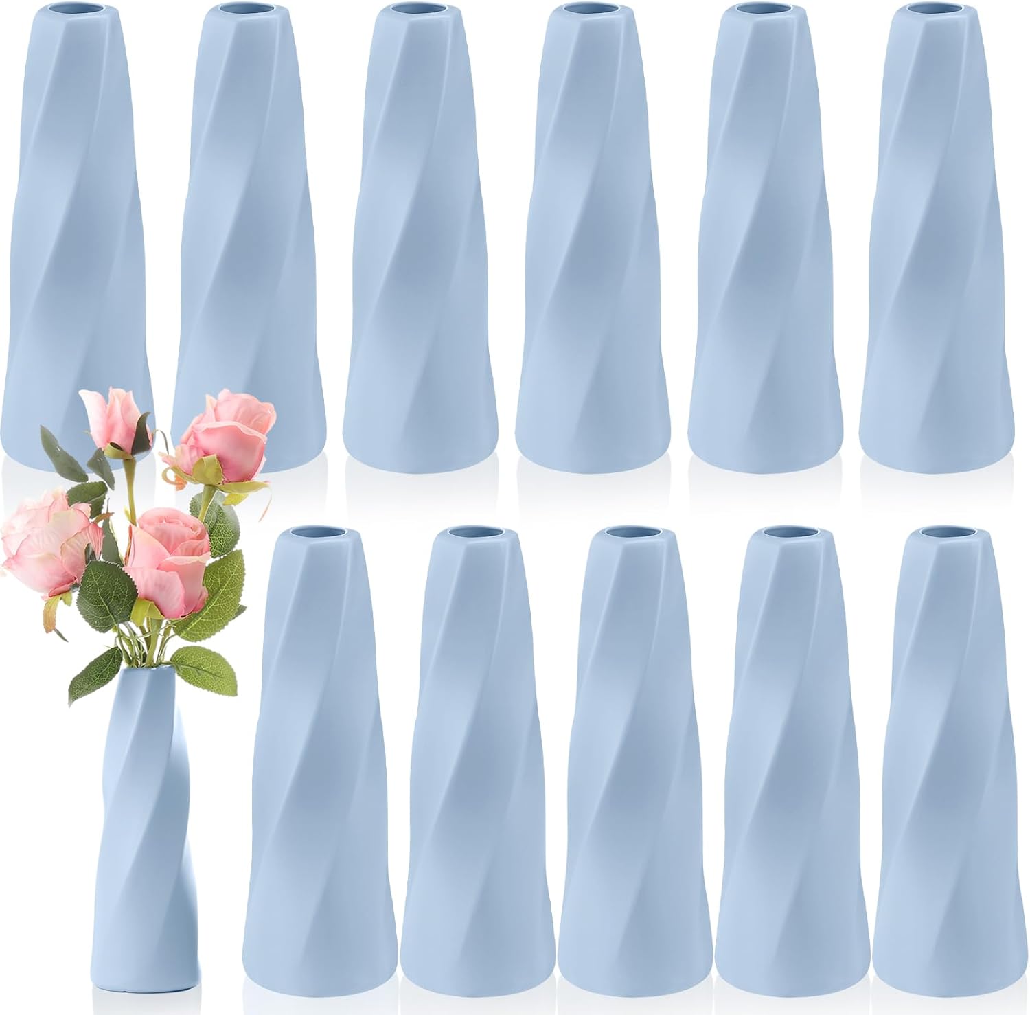 12 Pack Composite Plastic Flower Vases Bulk, Grey Blue Small Tall Conic Floral Vases for Centerpieces Unbreakable Bud Table Shelf Home Decoration for Wedding Party Living Room Decor Grey Blue 12