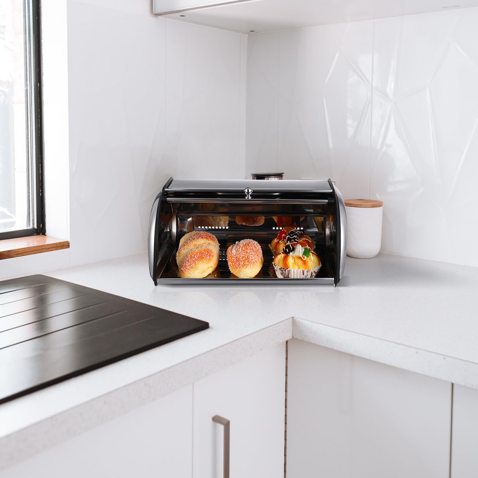 SHINEOFI Caja de Pan de Acero Inoxidable Pequeña Superficie Espejo para Cocina, Organizador de Pan Práctico y Contenedor de Alimentos para Hogar, Cafetería y Panadería