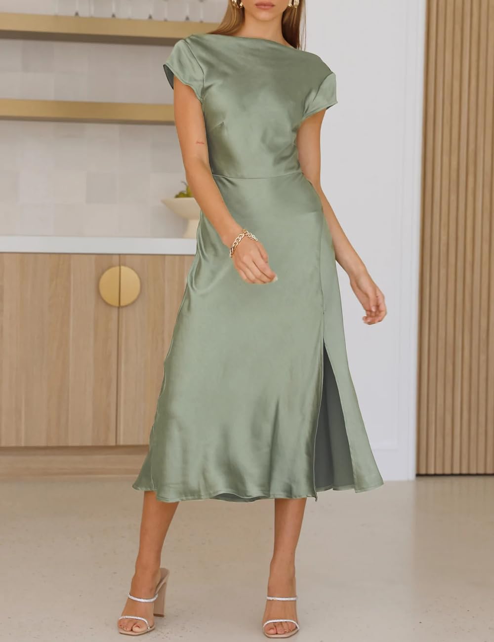 Gmeitoey Damen Gmeitoey 2026 Satin Cap Sleeves Midi Dress Formell (1er Pack)