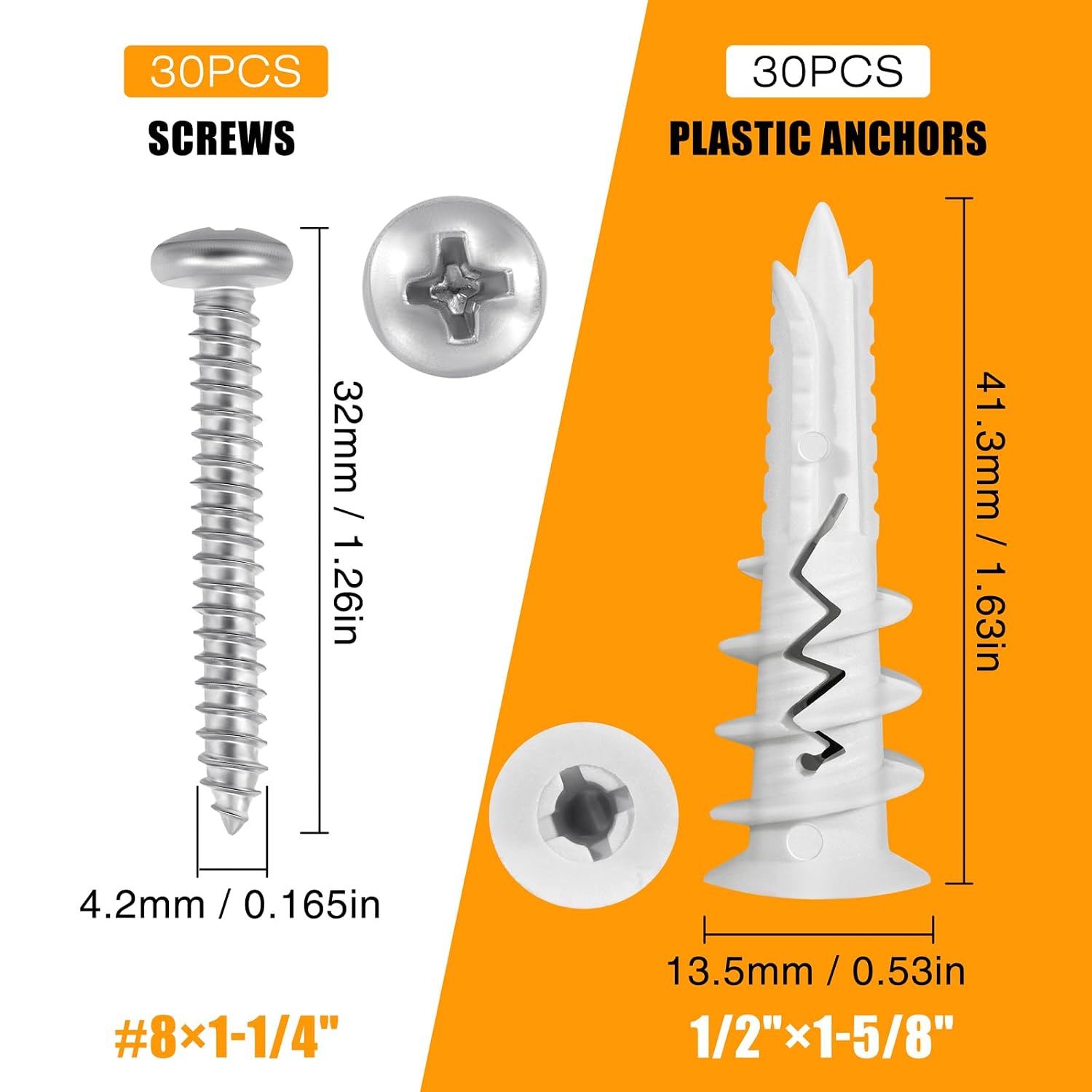 #8 Self Drilling Heavy Duty Drywall Anchors with Screws Kit, 60 pcs