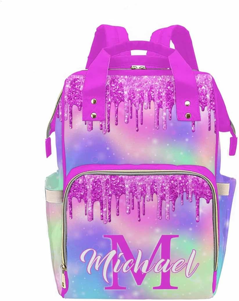 InterestPrint Personalized Nursing Bags with Name Custom Rainbow Glitter Diaper Bag Customized Mommy Nappy Bag Fashion Shoulder Bag Large Travel Back Pack for Women Men