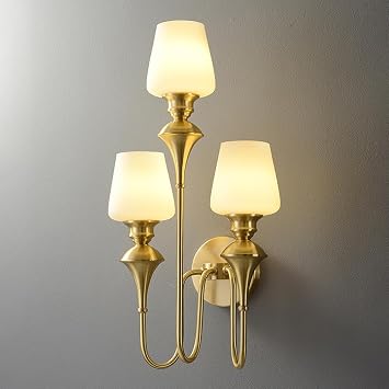 3-Lights Mid-Century Brass Wall Sconce, Copper Candlestick Wall Lamp with Glass Shade, Living Room Decorative Lighting Wall Light, E27 Socket, Vintage Industrial Wall Lamps
