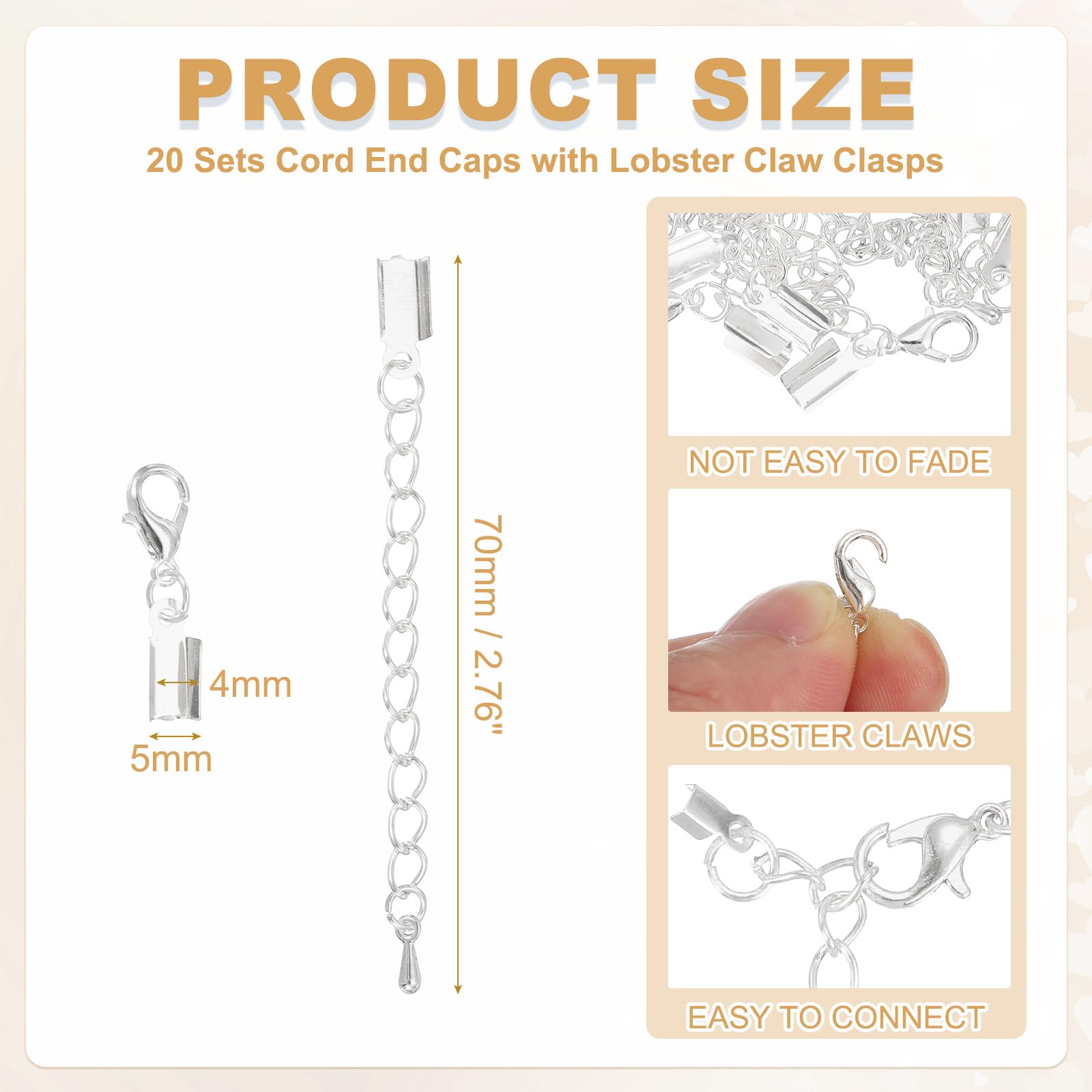 uxcell 20Sets Fold Over Cord Ends, 4mm Terminators Crimp Cap Clasp Tips with Lobster Claw Clasps and Extension Chain for Leather DIY Craft Making Necklace Bracelet, White K