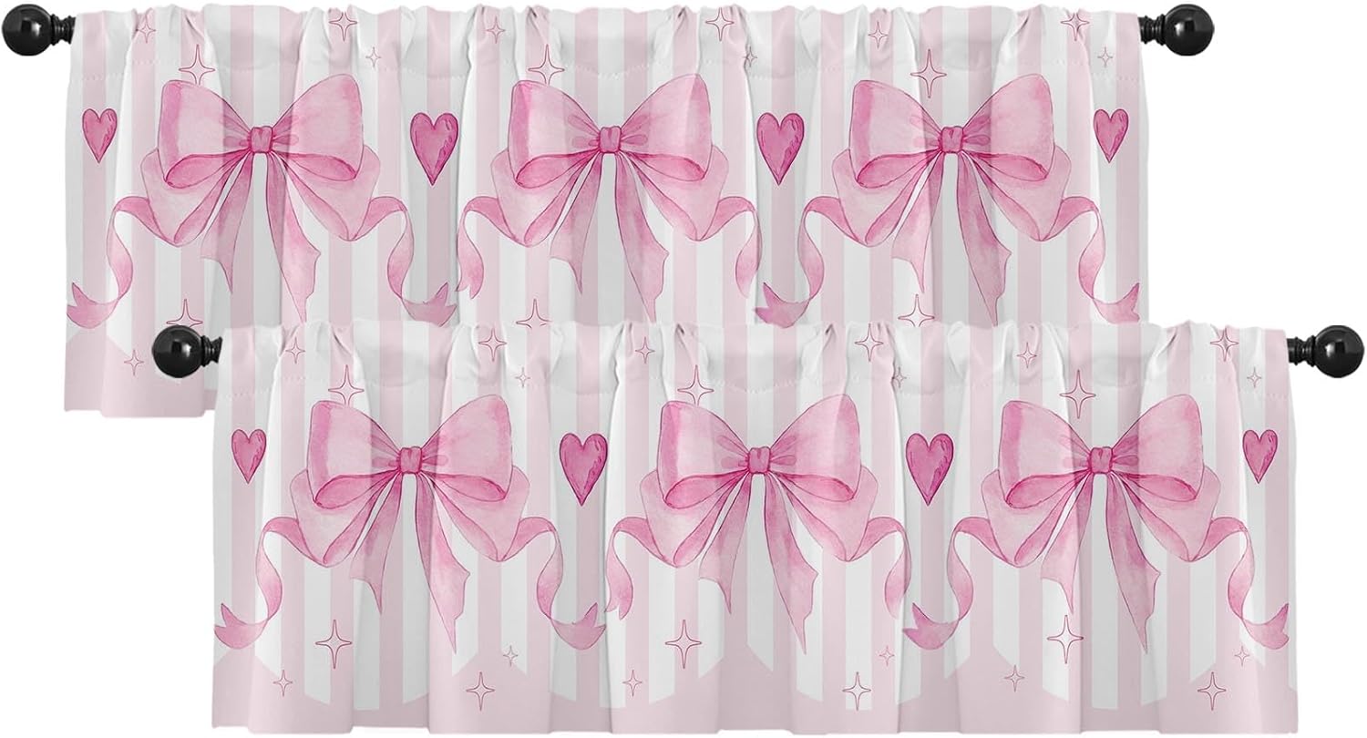 Emvency Valances for Windows, 2 Pack, 52x18 Inch, Pink Bows
