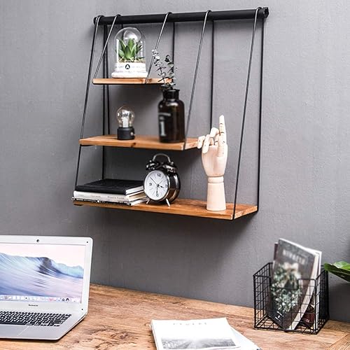 Miniatura 6 de LIANGLIANG - Estantes flotantes de pared de metal retro, diseño de personalidad industrial, estructura de 3 capas, soporte de exhibición de madera
