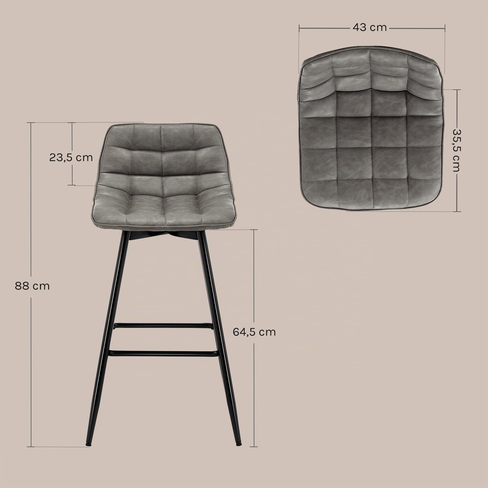 WOLTU Lot de 2 Tabouret de Bar Design Chaise Haute pour Bar Bistro siège en Similicuir avec Repose-Pieds Cadre en métal,Gris Foncé