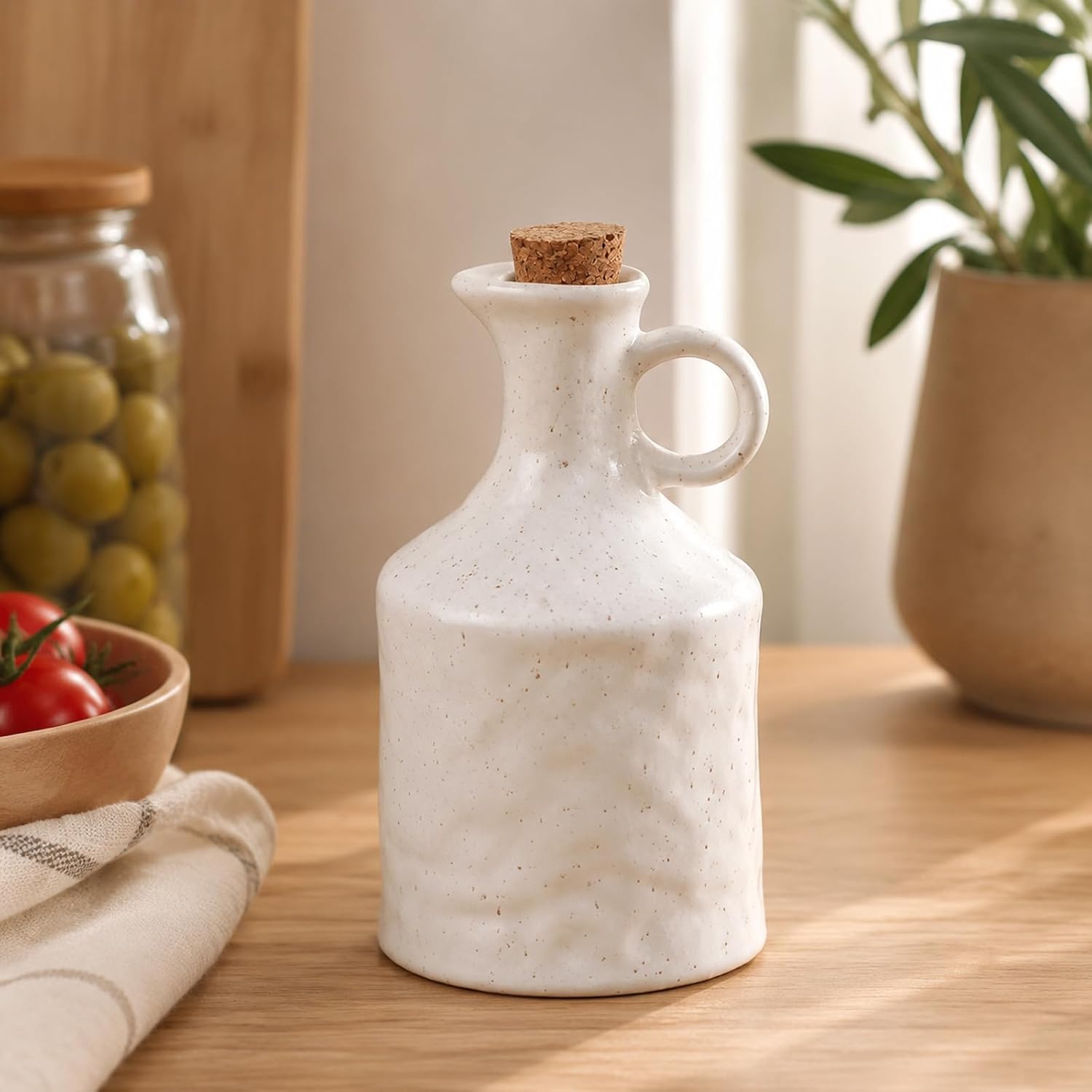 Ceramic Olive Oil Dispenser Bottle for Kitchen, 13.5oz Oil Container with Handle, Soy Sauce Dispenser Vinegar Cruet, White