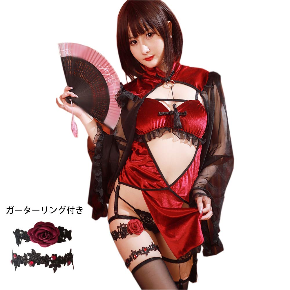 赤色勝負下着の美女 NA93 セクシーランジェリー チャイナドレス 赤 Tバック付き コスプレ（Tバック付きセクシーワインレッドチャイナドレスコスプレ衣装 赤ワンピース  胸空きキャバドレス クリスマスパーティードレス セクシーサンタコスチューム 中華美女仮装 ロング丈スリット赤ドレス 文化 ...