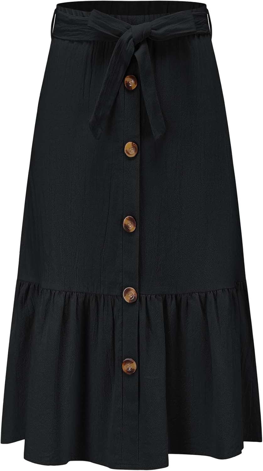 Eymitory Girls Maxi Skirts Button Front High Waisted Long Skirt with Belt Ruffled Skirts with Pocke
