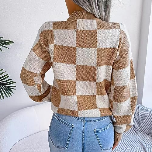 Women's Color Block Checkered Crew Neck Long Sleeve Y2K Plaid Knitted Pullover Sweater Tops Vintage Preppy Style Knitwear (Khaki,S) — view 6