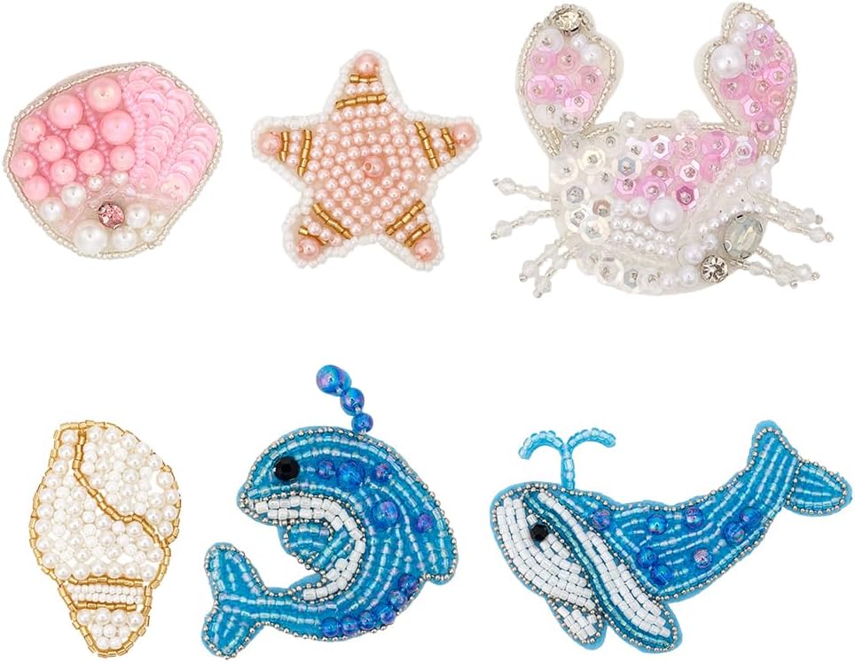 INFUNLY 6 Styles Sea Animals Beaded Patches Pearl Shell Crab Sew On Patches Starfish Dolphins Rhinestone Beaded Applique Shiny Embroidery Patch for Clothes Dress Hat Backpacks Shoes DIY Projects