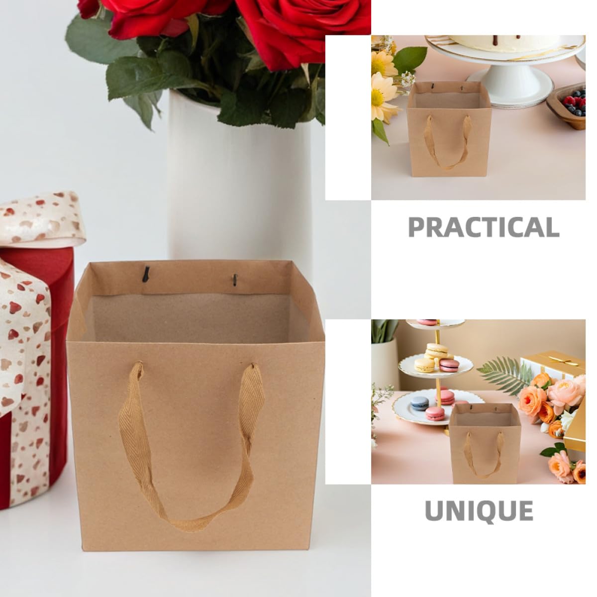 MAGICLULU Sacchetti Kraft con Manici Quadrati 25x25x25 Cm, Borsa da Asporto Resistente in Carta Kraft Marrone, Confezione Regalo Floreale e Packaging per Fiori, Set da 10 Pezzi per Fioristi