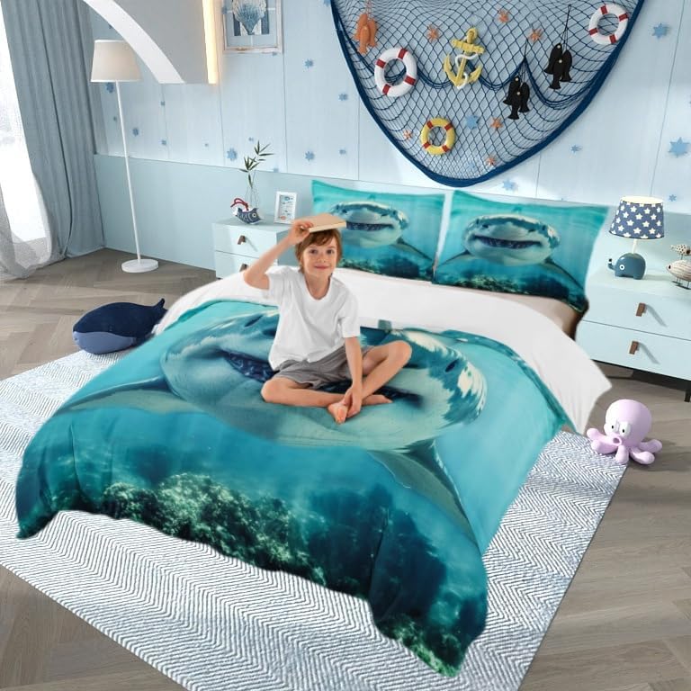 Shark Bedding Set Queen,Sea Animals Comforter Cover for Boys Girls,Shark Fish Print Duvet Cover Set Ocean Sea Themed Bedspread Cover Fashion Teens Bedroom Decor 3 Pcs Bed Collection(No Comforter) - Image 3