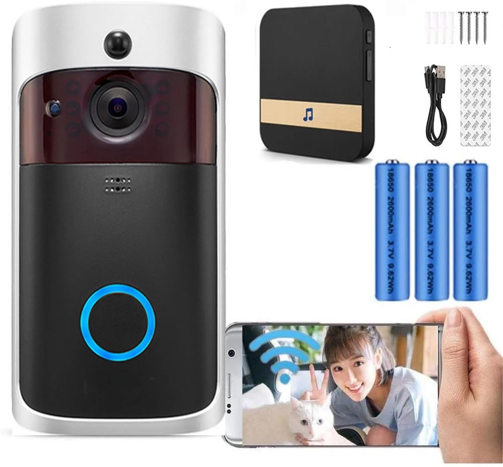Timbre con vídeo Inteligente Timbre con cámara y Video HD WiFi, inalámbrico, Detector de Movimiento, visión Nocturna, Audio y Altavoz. para hogares Inteligentes, oficinas y hogares