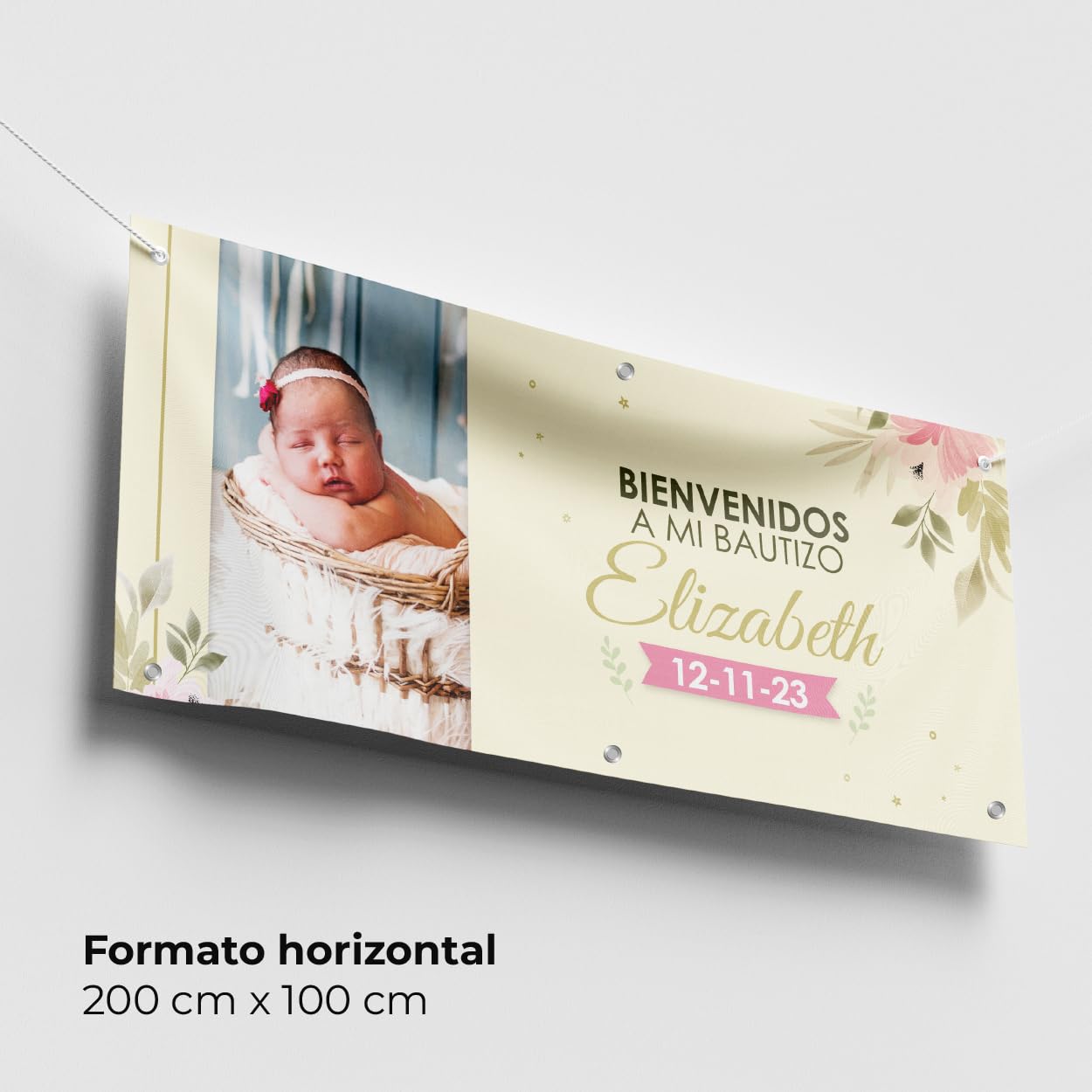 Cartel Personalizado para Bautizo con Foto, Nombre y Fecha en 21 Tamaños – Ideal como Pancarta Personalizada con Lona Impresión UV - Banner o Photocall para Decoración Bautizo Niño o Niña (Beige)