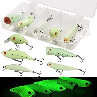 Luminous Fishing Lure Bait Set- 5Pcs Hard Lure Minnow Crankbait Pencil VIB Popper Glow Bait with Treble Hooks for Bass Walleye Pike Saltwater Freshwater