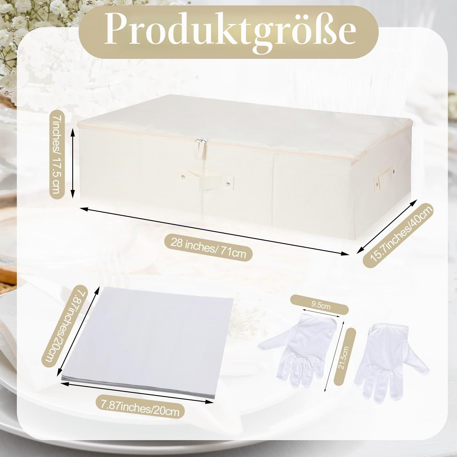 Konservierungsbox-Set für Hochzeitskleid, Aufbewahrungsbox mit 1 Paar Mikrofaser-Handschuhen und 100 Blatt säurefreies Seidenpapier für die Aufbewahrung von Hochzeitskleid, Braut, 71.1x40.7x17.8 cm