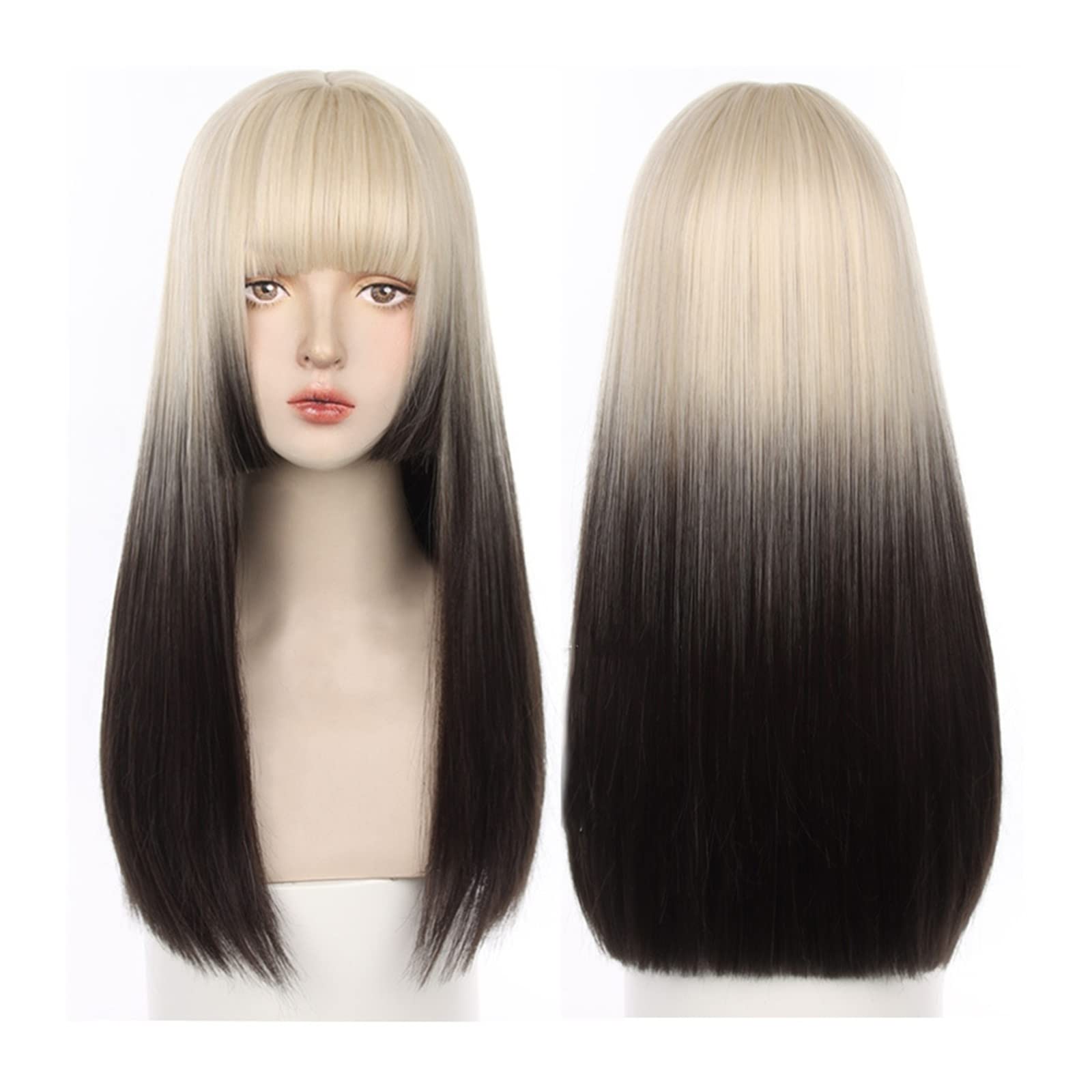 Perücke Perücke mit langem glattem Haar und Pony, blonder Farbverlauf, schwarz, grau, gerade Perücke, natürliche, hitzebeständige, synthetische Partykostüm-Cosplay-Perücke for Frauen Damen Perücken