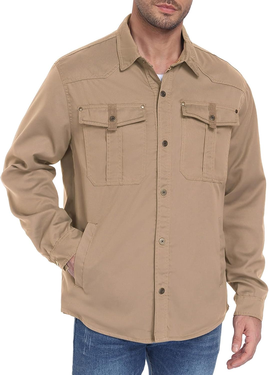 ALSOGO Men's Flannel Lined Shirt Jacket Lightweight Long Sleeved Casual Snap Button Western Cowboy Jackets - Image 7