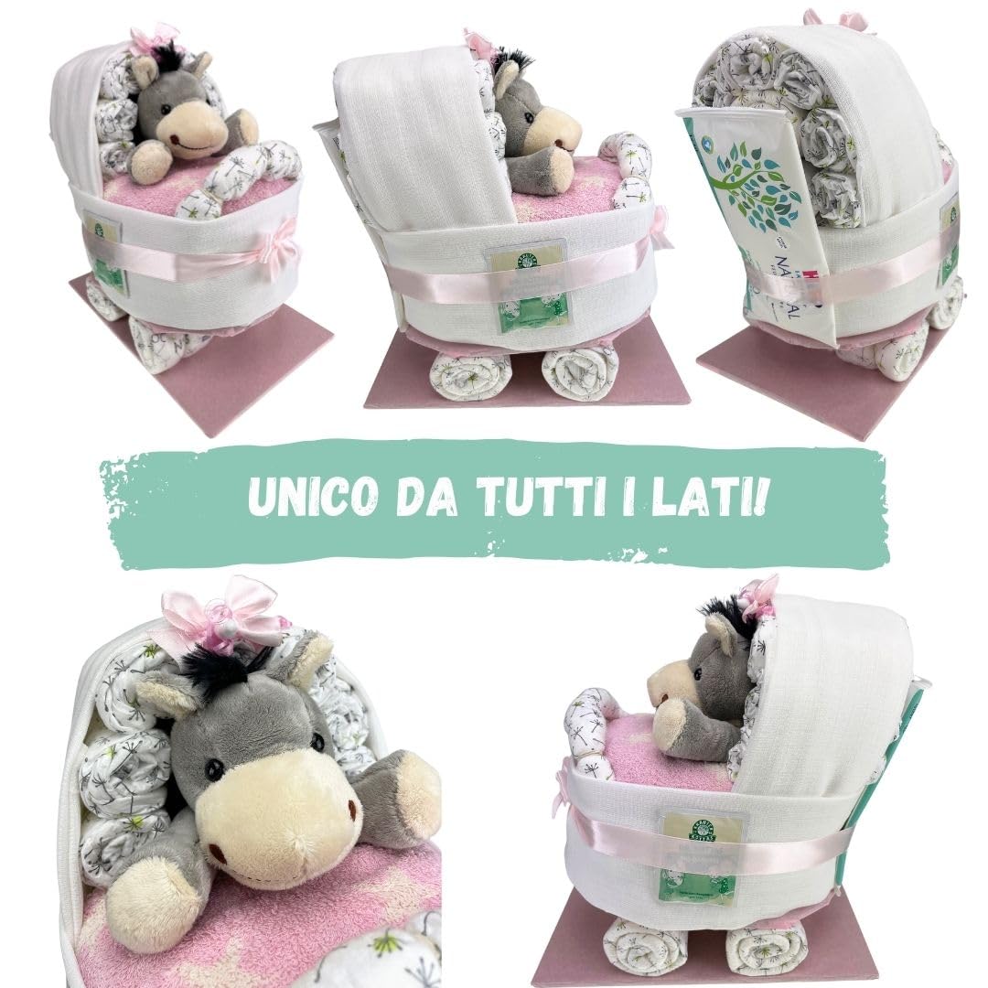 myBambini ® Torta di pannolini - Passeggino con peluche – regalo per nascita – baby shower – puller party (rosa) Regalo per la nascita - Salviette umidificate - Fazzoletti per il ruttino