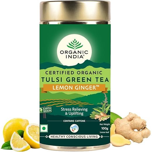 ORGANIC INDIA Tulsi Green Tea Lemon Ginger 100 gm tin