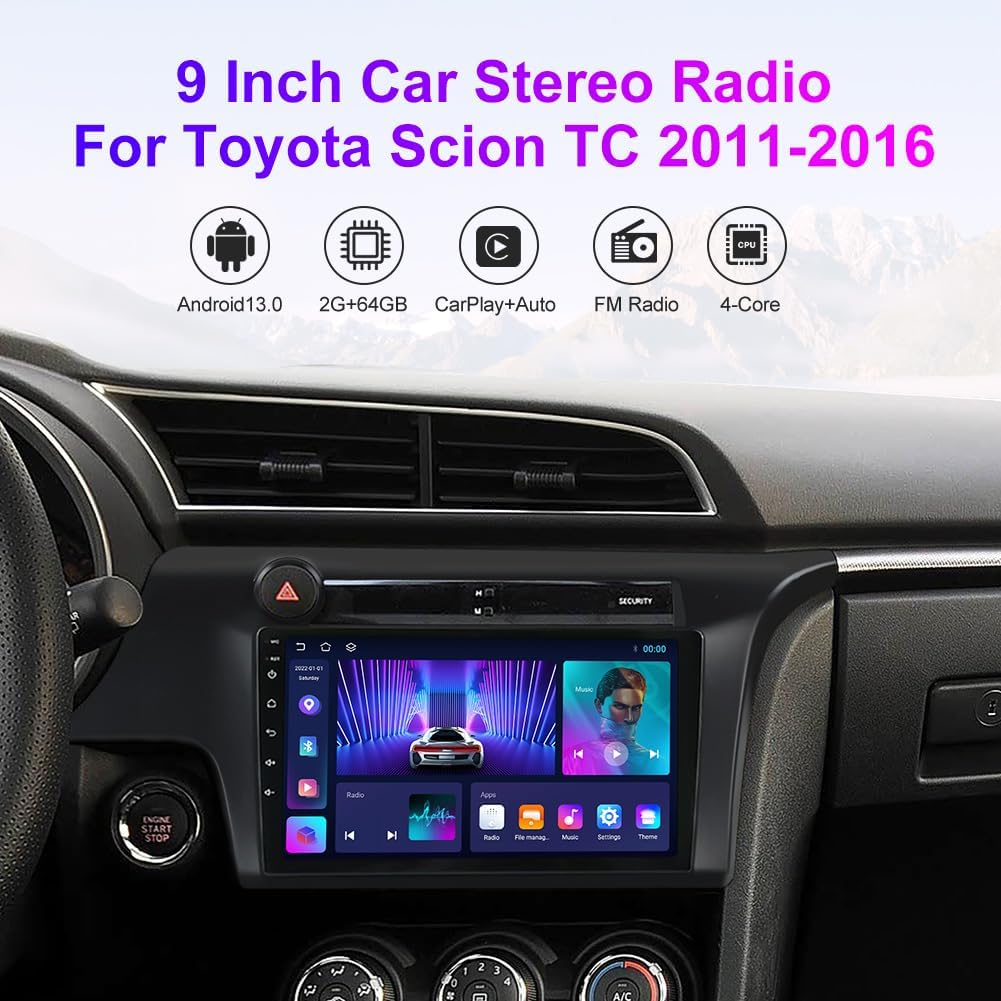 Car Radio for Scion tC 2011 2012 2013 2014 2015 2016 2GB RAM 64GB ROM, Biorunn 9 Inch Touchscreen Stereo Head Unit Wireless Car-Play Android Auto Blue-Tooth GPS Navi WiFi FM SWC RDS Blue-Tooth WiFi