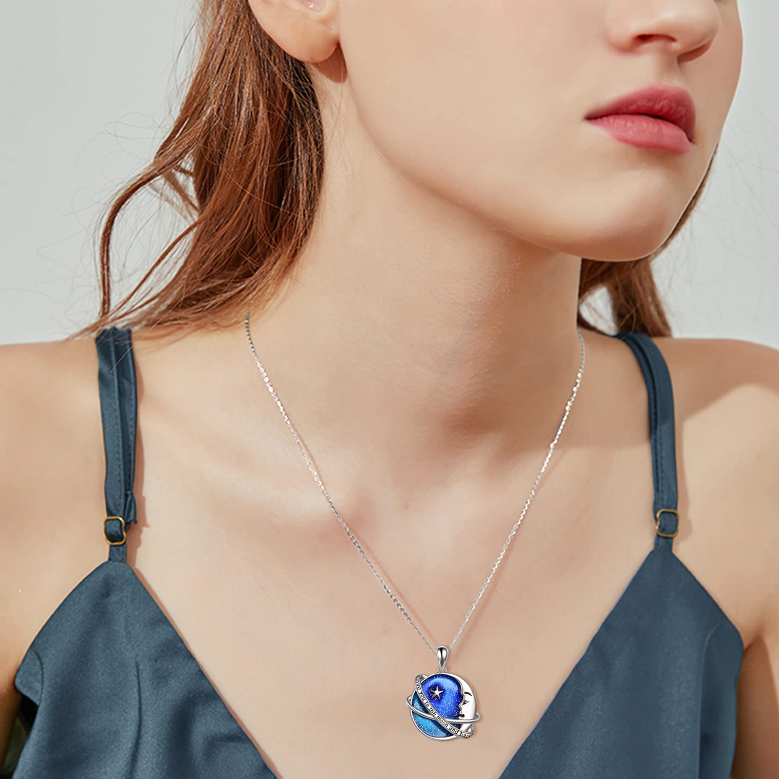 Erde Planet Kette 925 Sterling Silber Stern Mond Galaxie Anhänger Halskette Universum Planet Schmuck Geschenke für Damen Mädchen