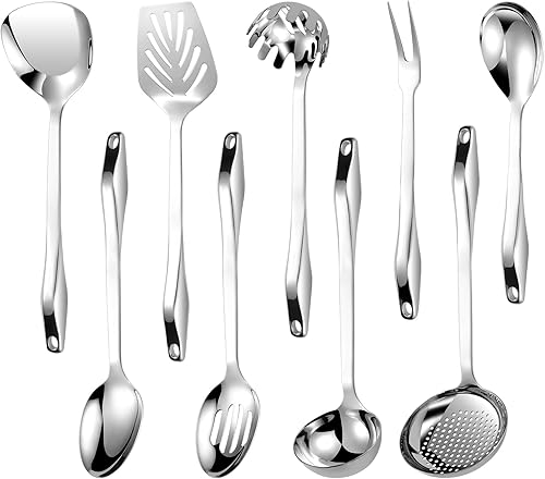 Juego de utensilios de cocina de acero inoxidable 304  9 utensilios de cocina, juego de espátulas de cocina de metal, juego de herramientas de