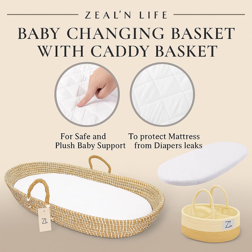 Seagrass Moses Basket by ZEAL'N LIFE, Moses Baskets for Newborn, Baby Changing Basket with Baby Towel, Washable Waterproof Pad Covers & Diaper Caddy, Changing Basket Baby (31 Inch)