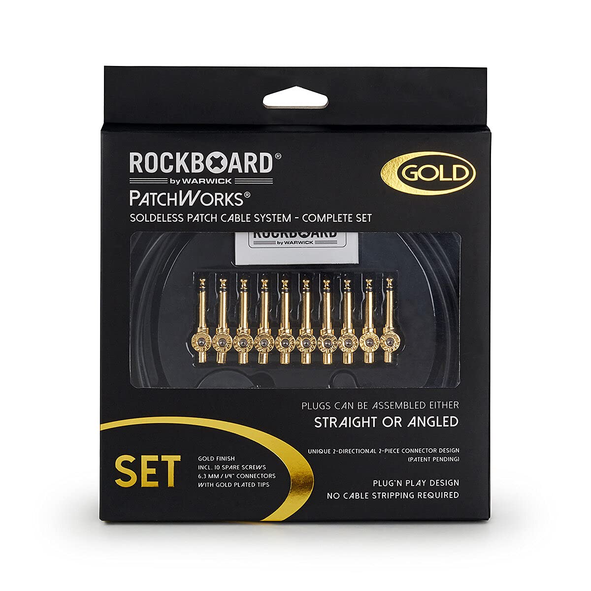RockBoard PatchWorks Solderless Patch Cable Set - Cable de 300 cm / 118 7/64" + 10 Plugs - Oro