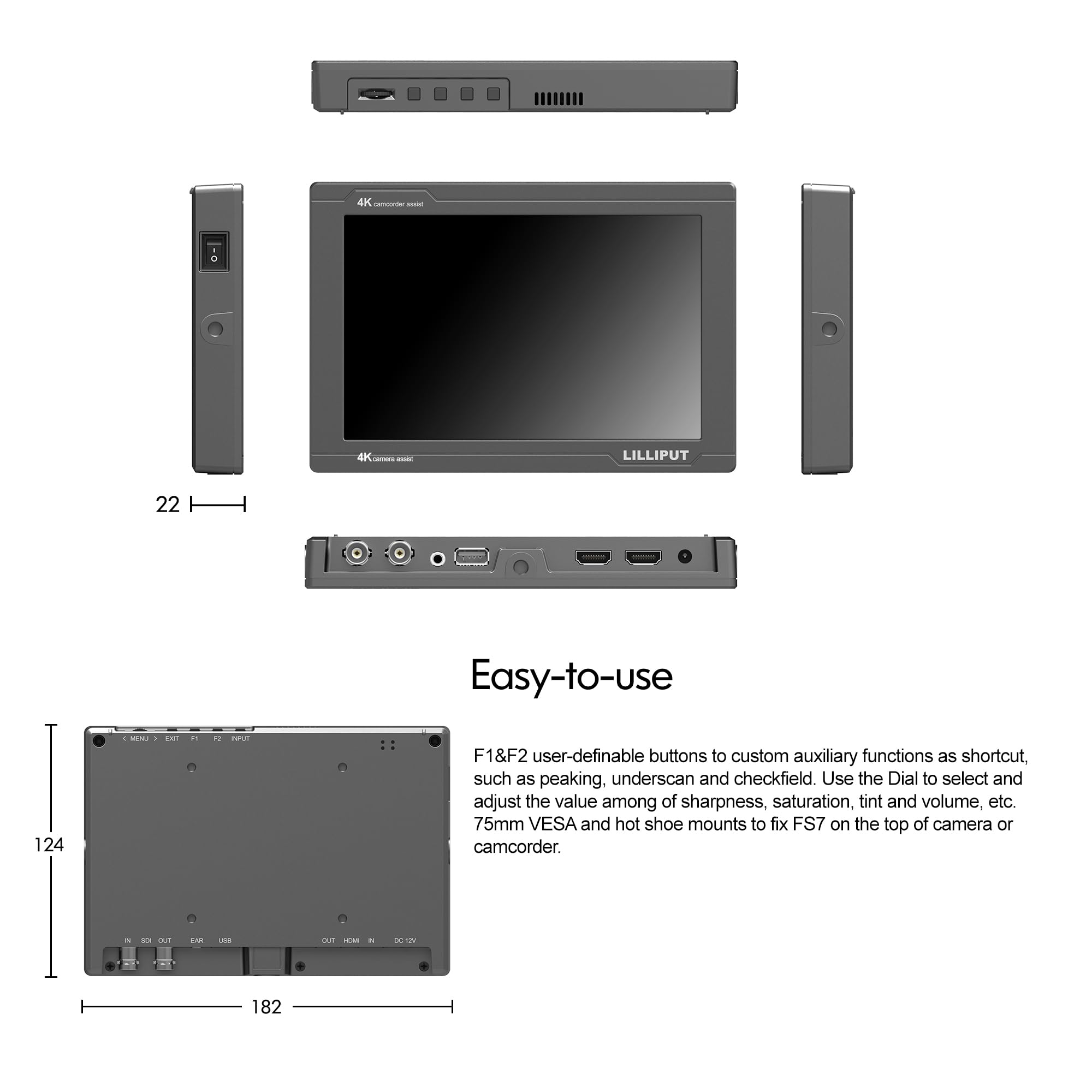 LILLIPUT FS7 7 pollici 1920 x 1200 FHD LCD Kaméra Moniteur con forma d'onda VectorScope Istogramma 4K HDMI Ingresso, DSLR Moniteur de Champ de Caméra HDMI 1.4/3G-SDI Camera Field Monitor