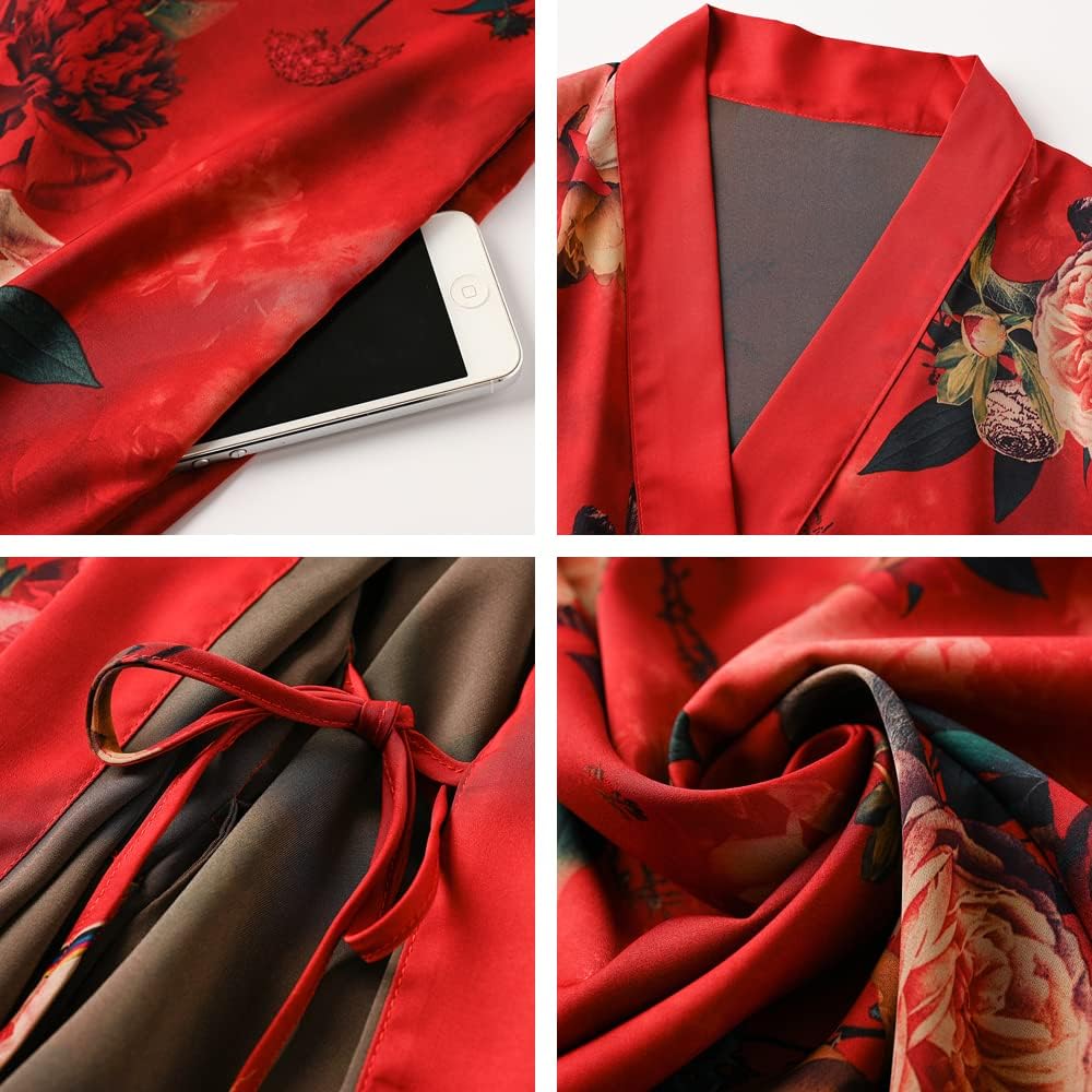 Ledamon Women's Kimono Short Robe for Women - Pocket Floral Bathrobe Nightgown - Image 3