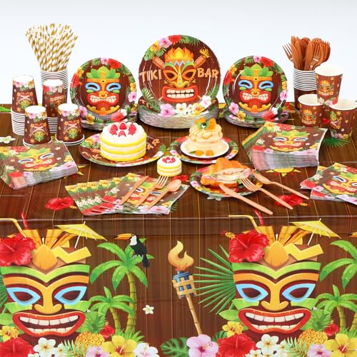 Image of Funnymoom 452 Pcs Hawaiian Tiki Party Decorations Include Tiki Paper Plates Napkins Cups Tablecloth Cutlery Straws Hawaii Luau Party Supplies for Tropical Birthday Party Decorations