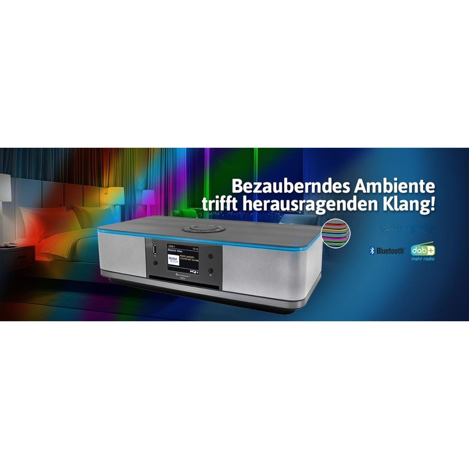 Soundmaster Highline ICD2023SW Stereoanlage Internetradio WLAN 2,4/5 GHz LED Ambientebeleuchung DAB+ Bluetooth CD-Player USB MP3 APP Farbdisplay Wecker
